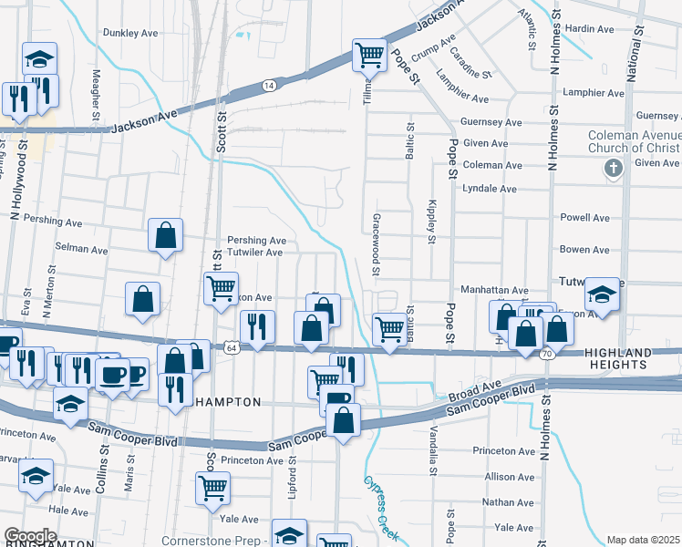 map of restaurants, bars, coffee shops, grocery stores, and more near 734 Tillman Street in Memphis