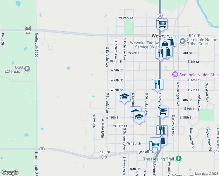 map of restaurants, bars, coffee shops, grocery stores, and more near 618 S Eufaula Ave in Wewoka