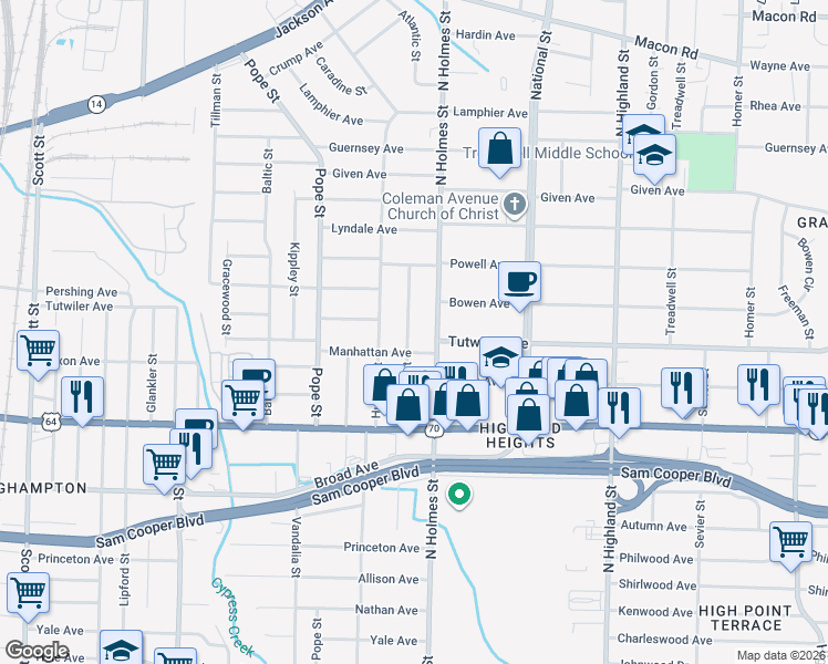 map of restaurants, bars, coffee shops, grocery stores, and more near 742 Atlantic Street in Memphis