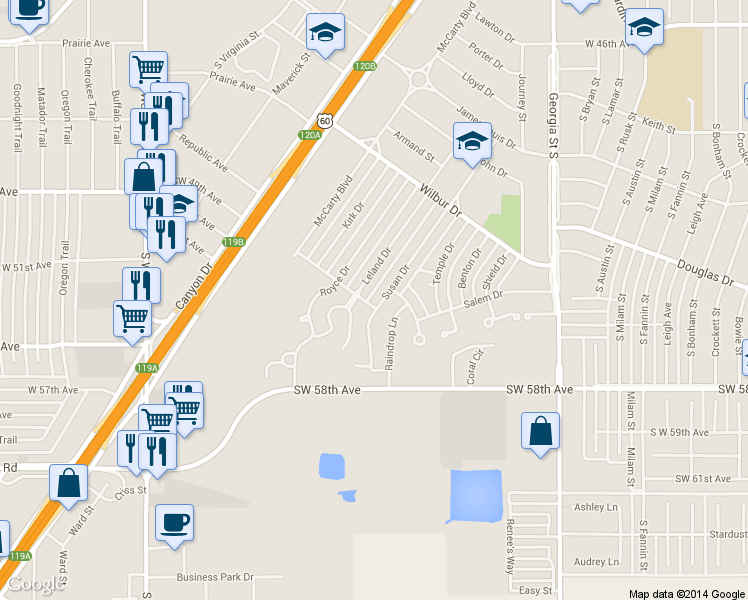 map of restaurants, bars, coffee shops, grocery stores, and more near 5146 Susan Drive in Amarillo