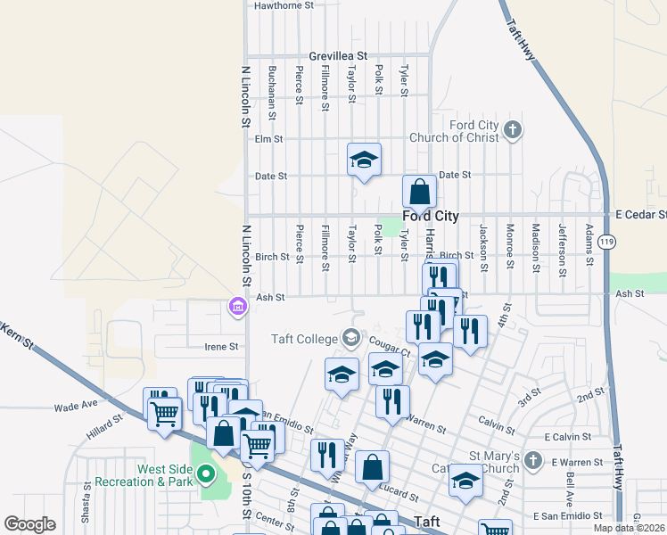 map of restaurants, bars, coffee shops, grocery stores, and more near 114 Fillmore Street in Taft