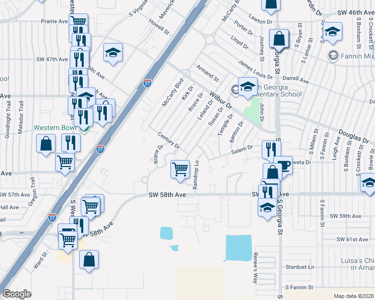 map of restaurants, bars, coffee shops, grocery stores, and more near 5146 Susan Drive in Amarillo