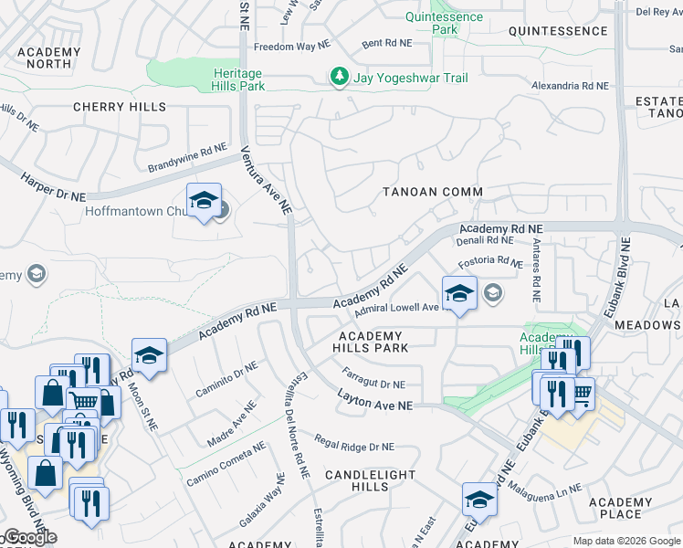 map of restaurants, bars, coffee shops, grocery stores, and more near 6412 Dorado Beach Northeast in Albuquerque