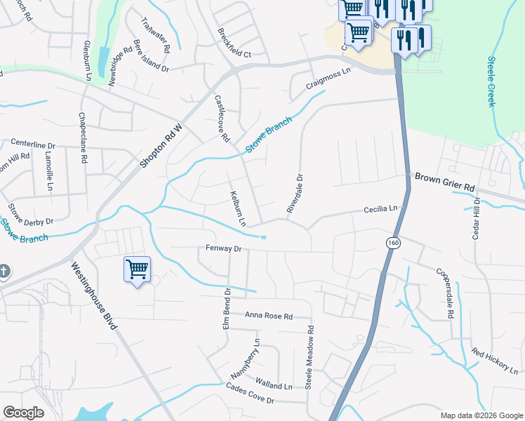map of restaurants, bars, coffee shops, grocery stores, and more near 7302 Scone Palace Court in Charlotte