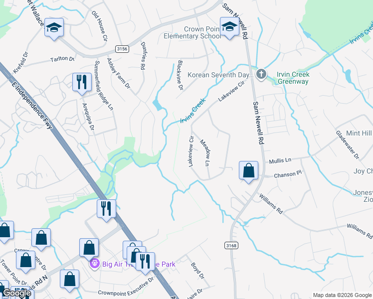 map of restaurants, bars, coffee shops, grocery stores, and more near 2701 Lakeview Circle in Matthews