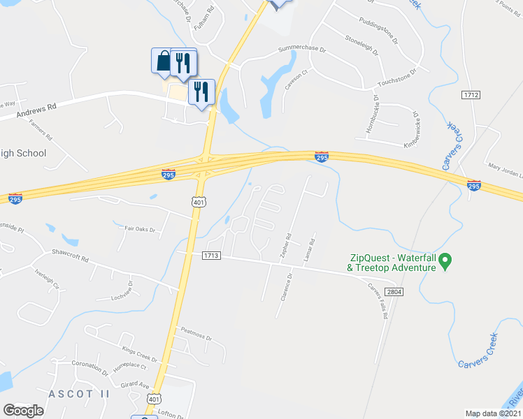 map of restaurants, bars, coffee shops, grocery stores, and more near 6310 Abbotts Park Drive in Fayetteville