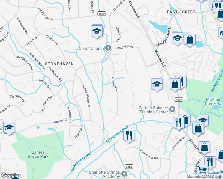 map of restaurants, bars, coffee shops, grocery stores, and more near 6513 Deermont Court in Charlotte