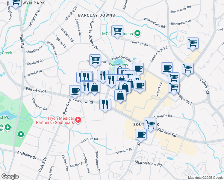 map of restaurants, bars, coffee shops, grocery stores, and more near 4300 Barclay Downs Drive in Charlotte