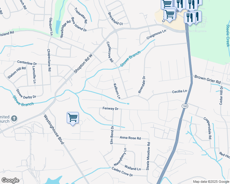 map of restaurants, bars, coffee shops, grocery stores, and more near 7915 Kelburn Lane in Charlotte