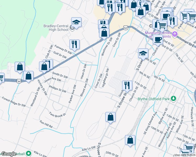 map of restaurants, bars, coffee shops, grocery stores, and more near 905 Westover Dr SW in Cleveland