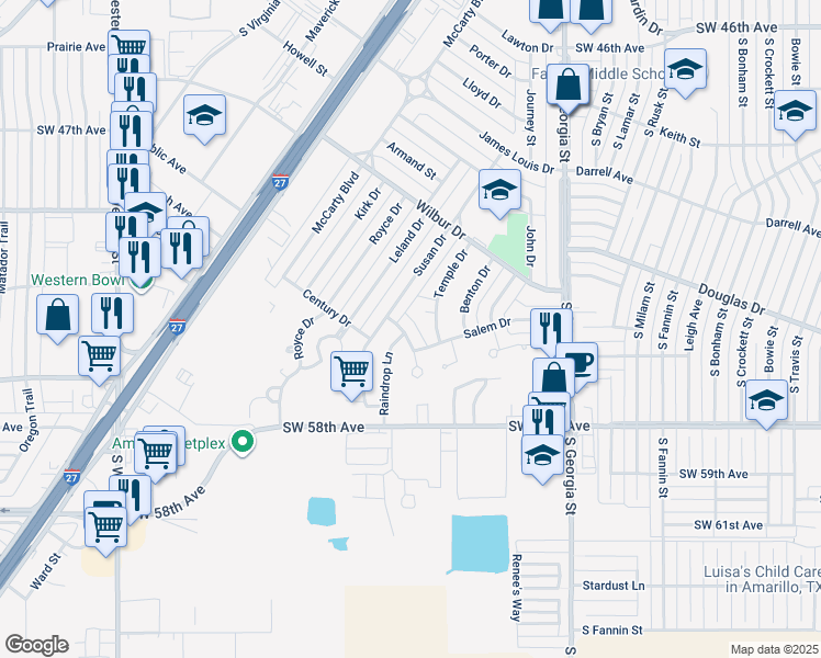 map of restaurants, bars, coffee shops, grocery stores, and more near 2706 Emory Drive in Amarillo