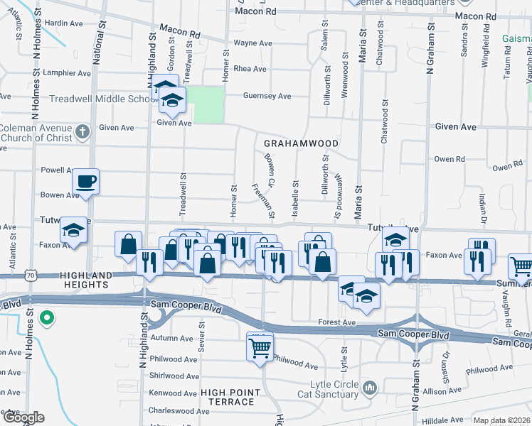 map of restaurants, bars, coffee shops, grocery stores, and more near 757 Freeman Street in Memphis