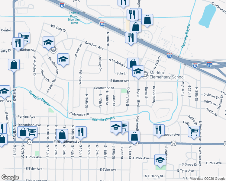 map of restaurants, bars, coffee shops, grocery stores, and more near 1809 Scottwood Street in West Memphis