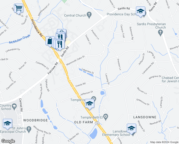 map of restaurants, bars, coffee shops, grocery stores, and more near 6007 Lakeview Drive in Charlotte