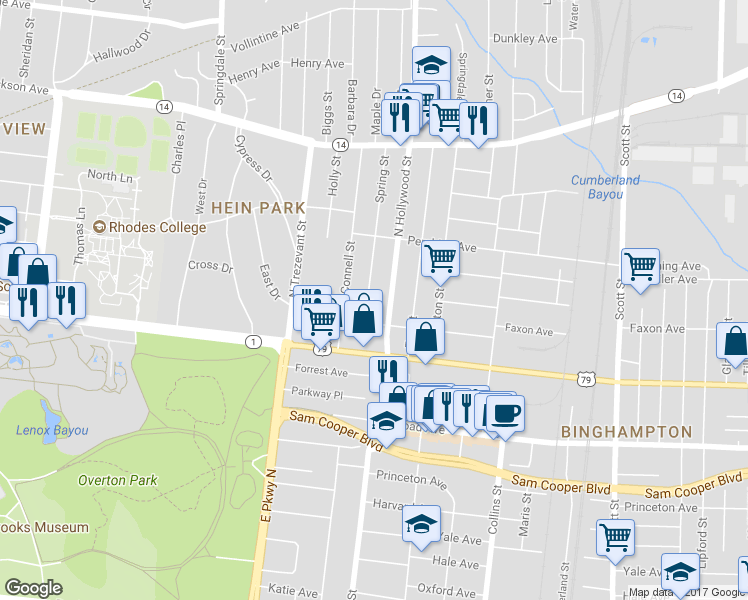 map of restaurants, bars, coffee shops, grocery stores, and more near 622 Spring Street in Memphis