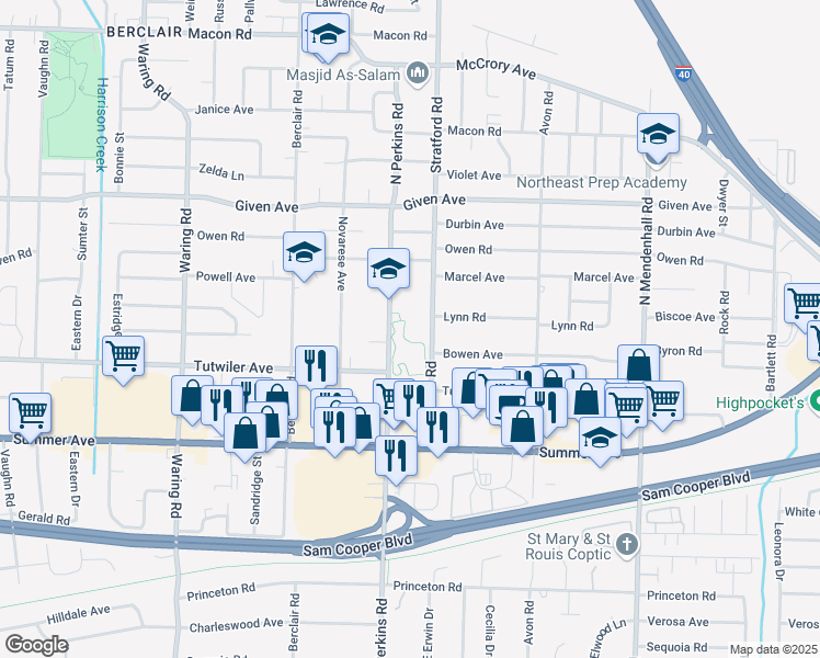 map of restaurants, bars, coffee shops, grocery stores, and more near 810 North Perkins Road in Memphis