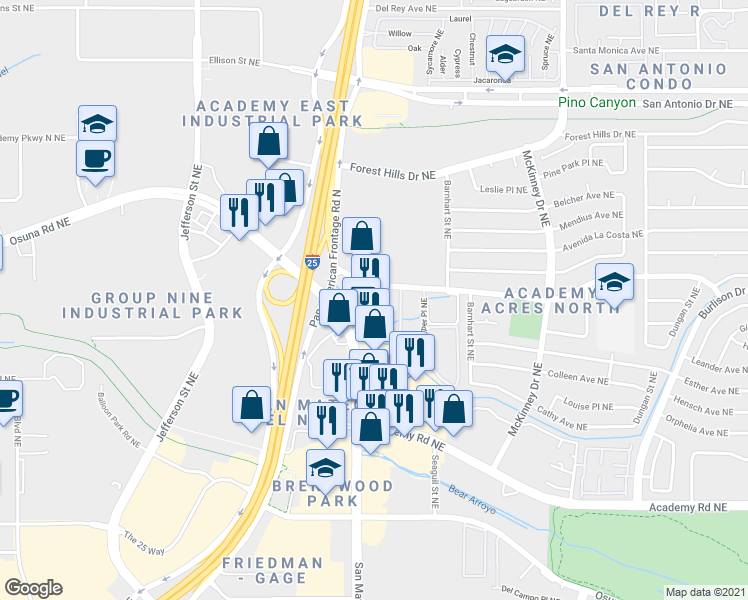 map of restaurants, bars, coffee shops, grocery stores, and more near 6000 Pan American Freeway Northeast in Albuquerque