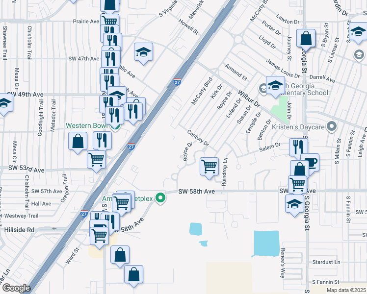 map of restaurants, bars, coffee shops, grocery stores, and more near 5212 Royce Drive in Amarillo