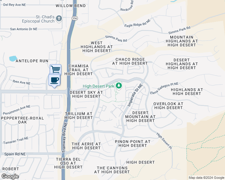 map of restaurants, bars, coffee shops, grocery stores, and more near 6320 Ghost Flower Trail Northeast in Albuquerque
