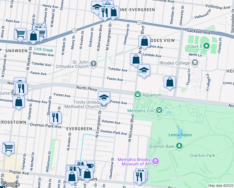 map of restaurants, bars, coffee shops, grocery stores, and more near 1773 North Parkway in Memphis