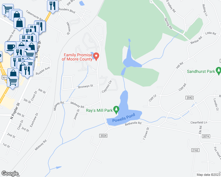 map of restaurants, bars, coffee shops, grocery stores, and more near 82 Cypress Circle in Southern Pines