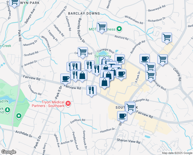 map of restaurants, bars, coffee shops, grocery stores, and more near 4300-4498 Barclay Downs Dr in Charlotte