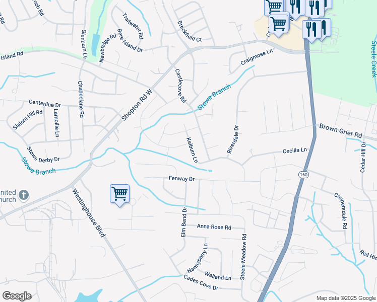 map of restaurants, bars, coffee shops, grocery stores, and more near 7915 Kelburn Lane in Charlotte