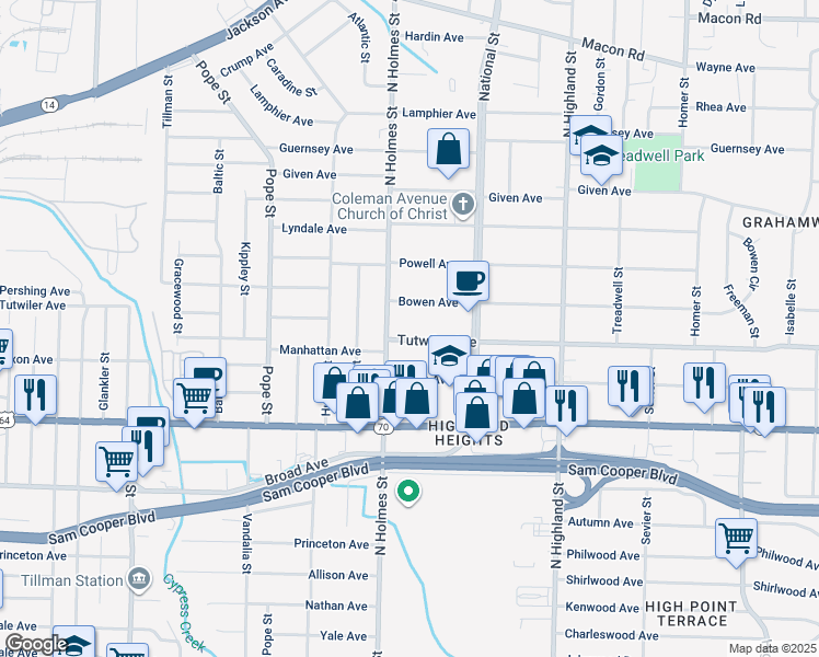 map of restaurants, bars, coffee shops, grocery stores, and more near 3318 Tutwiler Avenue in Memphis