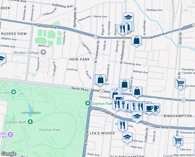 map of restaurants, bars, coffee shops, grocery stores, and more near 614 North Trezevant Street in Memphis