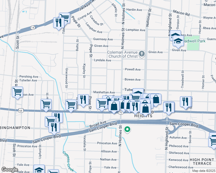 map of restaurants, bars, coffee shops, grocery stores, and more near 744 Hudson Street in Memphis