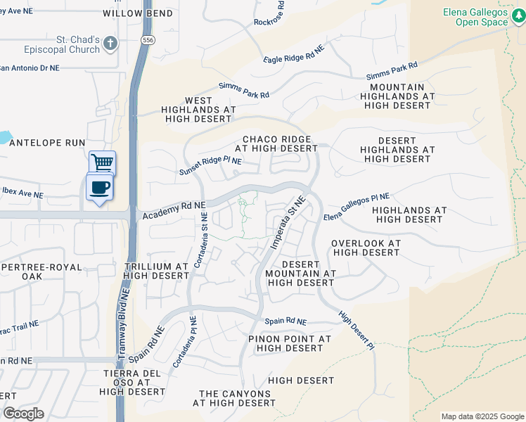 map of restaurants, bars, coffee shops, grocery stores, and more near 6301 Grey Leaf Trail in Albuquerque