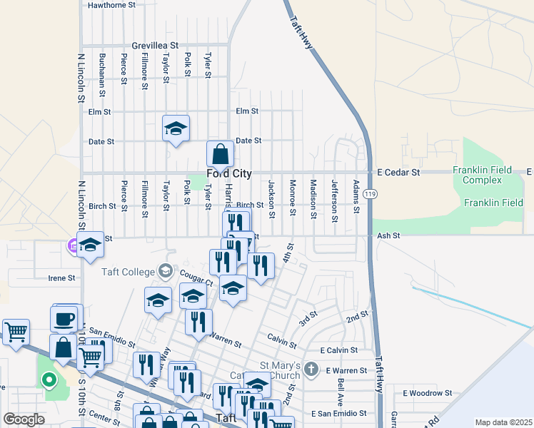 map of restaurants, bars, coffee shops, grocery stores, and more near 115 Jackson Street in Taft