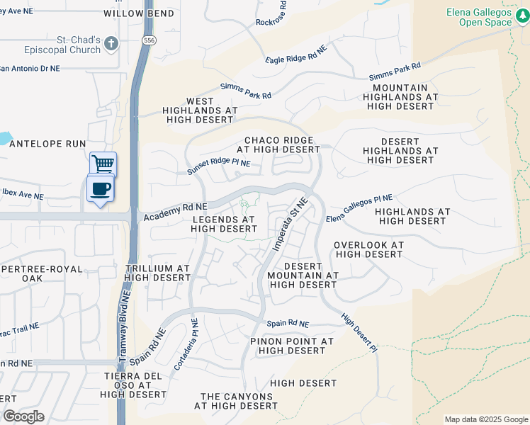 map of restaurants, bars, coffee shops, grocery stores, and more near 6301 Grey Leaf Trail in Albuquerque