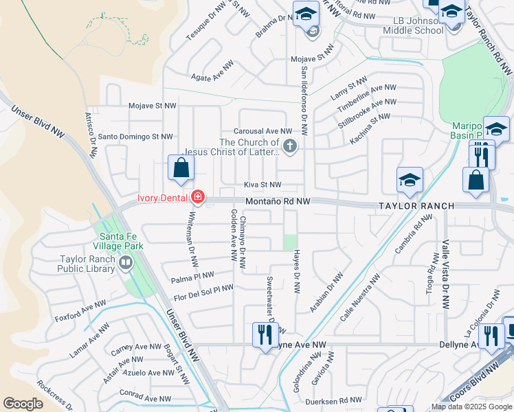 map of restaurants, bars, coffee shops, grocery stores, and more near 6123 Flor De Rio Northwest in Albuquerque