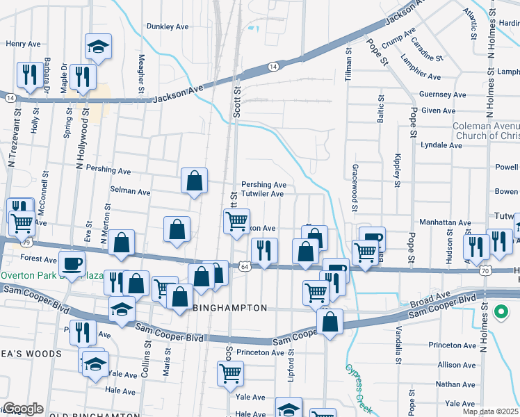 map of restaurants, bars, coffee shops, grocery stores, and more near 737 Lester Street in Memphis