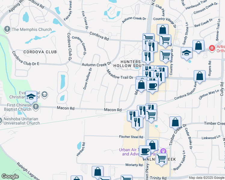 map of restaurants, bars, coffee shops, grocery stores, and more near 1001 Grouse Meadow Drive in Memphis