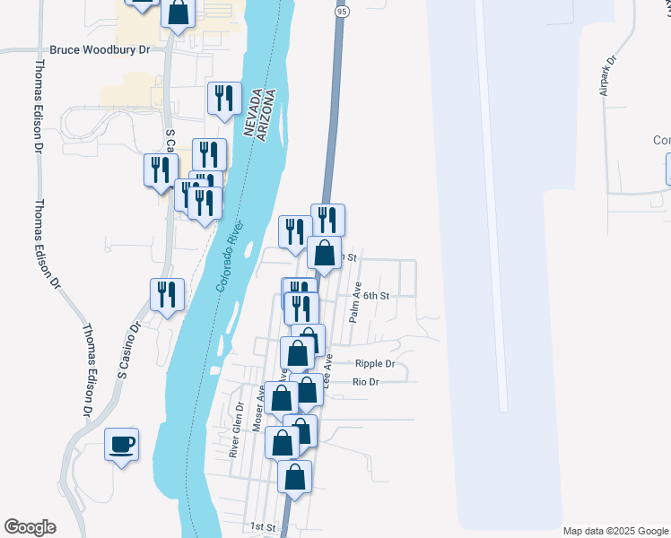 map of restaurants, bars, coffee shops, grocery stores, and more near 141 Lee Ave in Bullhead City