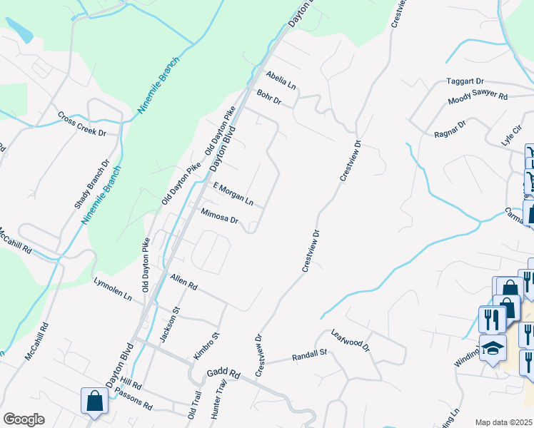 map of restaurants, bars, coffee shops, grocery stores, and more near 5610 Elm Street in Chattanooga