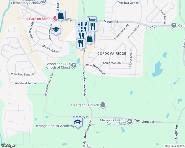 map of restaurants, bars, coffee shops, grocery stores, and more near 1000 Houston Levee Road in Shelby County