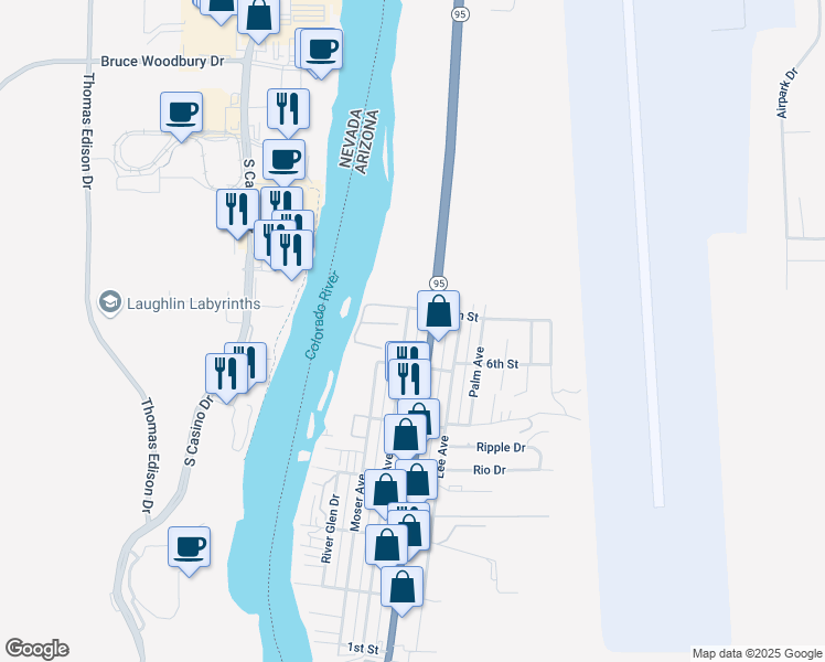 map of restaurants, bars, coffee shops, grocery stores, and more near 144 Long Avenue in Bullhead City