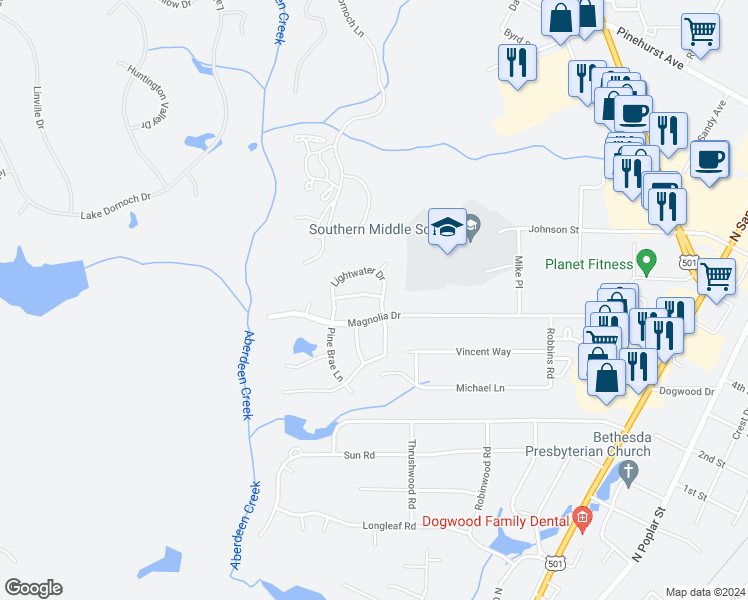 map of restaurants, bars, coffee shops, grocery stores, and more near 103 High Tower Lane in Aberdeen
