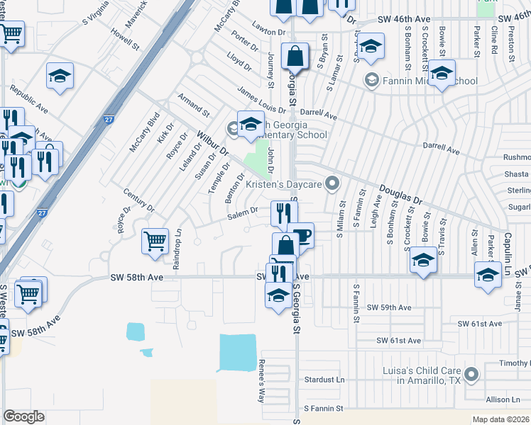 map of restaurants, bars, coffee shops, grocery stores, and more near 2715 Salem Drive in Amarillo