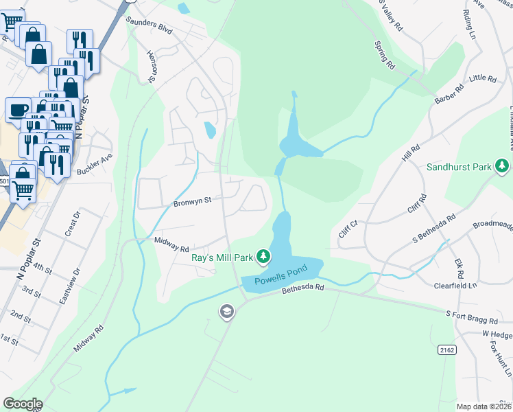 map of restaurants, bars, coffee shops, grocery stores, and more near 111 Cypress Circle in Southern Pines