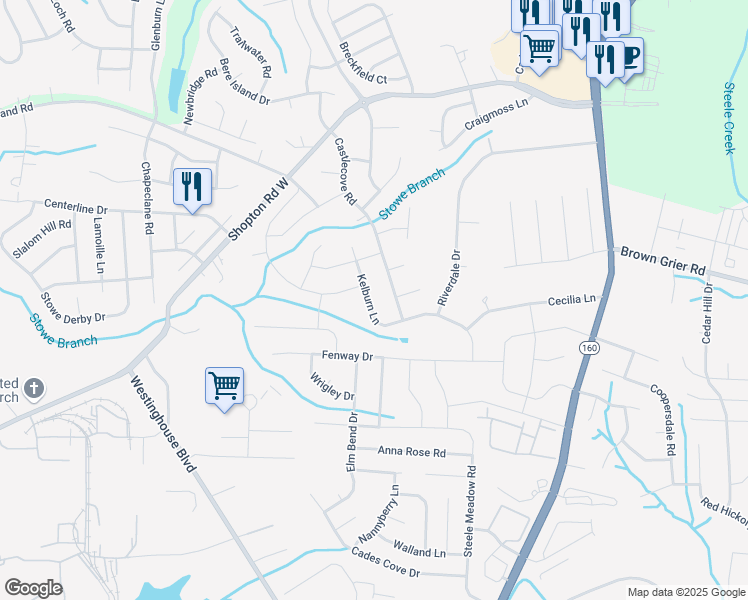 map of restaurants, bars, coffee shops, grocery stores, and more near 7915 Kelburn Lane in Charlotte