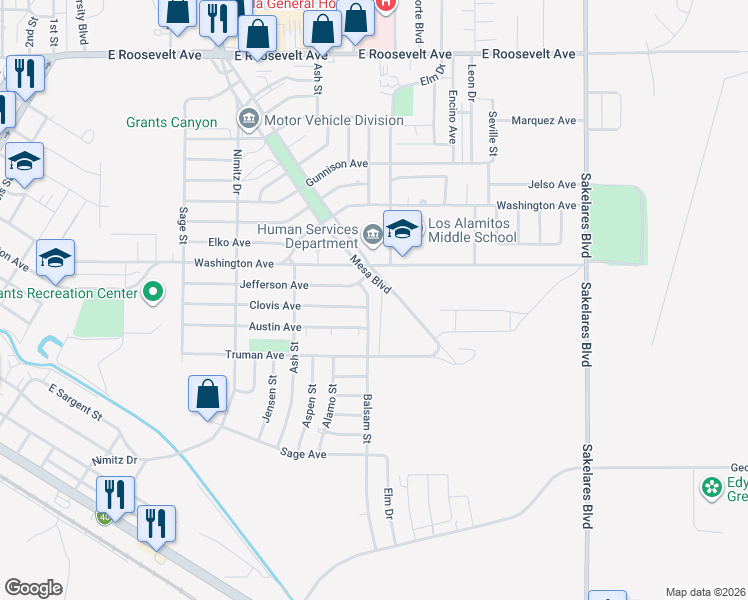 map of restaurants, bars, coffee shops, grocery stores, and more near 704 Balsam Street in Grants