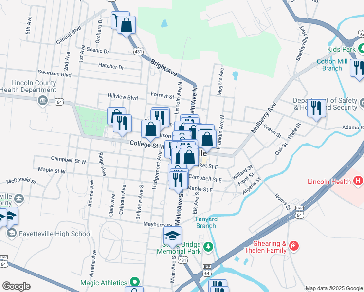 map of restaurants, bars, coffee shops, grocery stores, and more near 107 College Street West in Fayetteville