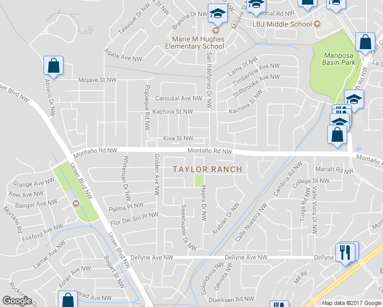 map of restaurants, bars, coffee shops, grocery stores, and more near 5917 Cochiti Drive Northwest in Albuquerque