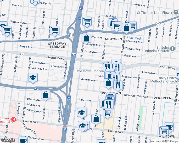 map of restaurants, bars, coffee shops, grocery stores, and more near 1233 Forest Avenue in Memphis