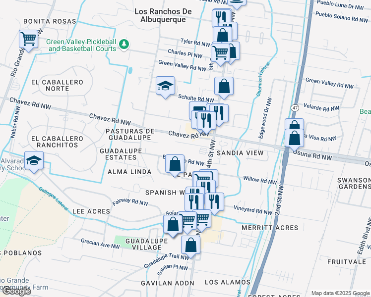 map of restaurants, bars, coffee shops, grocery stores, and more near 502 Sandia View Road Northwest in Los Ranchos de Albuquerque
