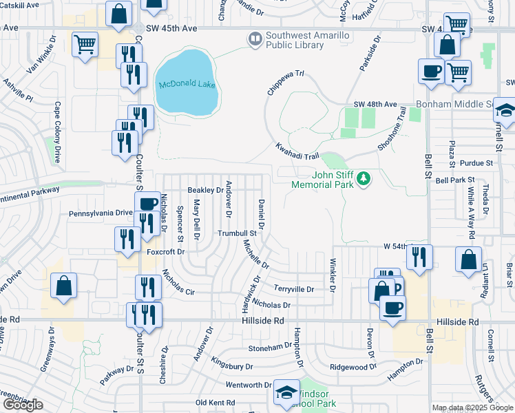 map of restaurants, bars, coffee shops, grocery stores, and more near 6813-6815 Daniel Drive in Amarillo
